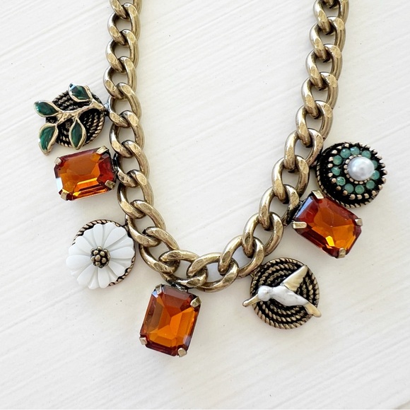 Howard’s Jewelry - Charm Necklace Gold Tone Nickel Free Boho Fall Amber Floral Hummingbird